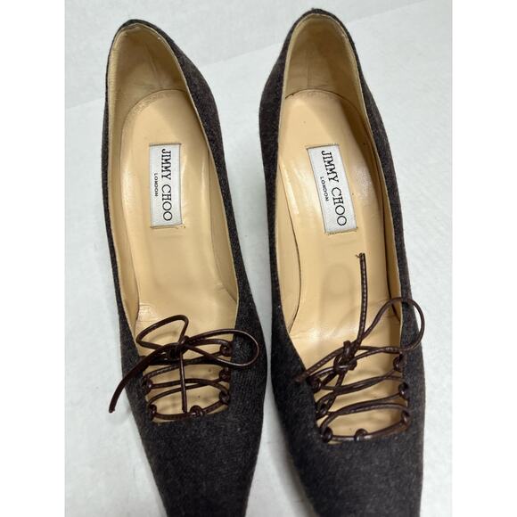 Jimmy Choo London Designer Lace Up Bow Detail square Pointed Toe Kitten Heels - Picture 9 of 10